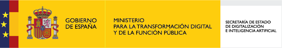 Bandera de España con el escudo nacional y el logotipo del Ministerio para la Transformación Digital y de la Función Pública, incluyendo la Secretaría de Estado de Digitalización e Inteligencia Artificial.