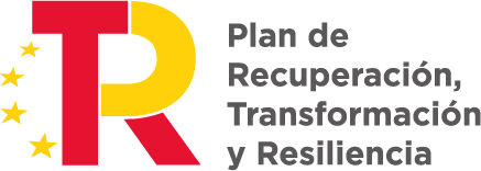 Logo del Plan de Recuperación, Transformación y Resiliencia de España, que incluye los colores de la bandera española y estrellas, simbolizando la unión europea y el enfoque en la recuperación económica y social.