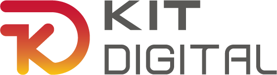 Logo de Kit Digital, un programa de apoyo para la digitalización de pequeñas y medianas empresas en España, con un diseño moderno en colores rojo, naranja y gris.
