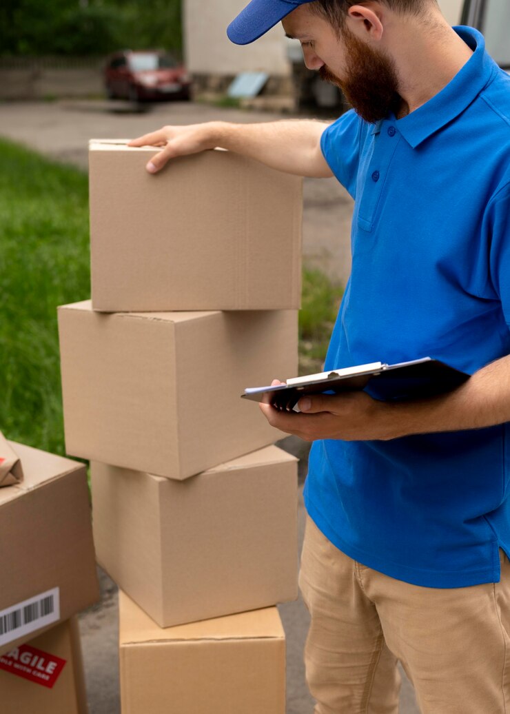 Hombre de pie junto a cajas de cartón apiladas, revisando un listado en una tableta, en un entorno al aire libre.