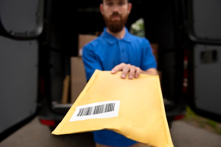 Repartidor sosteniendo un paquete amarillo con código de barras, frente a una furgoneta de reparto llena de cajas, simbolizando el servicio de entrega y logística.